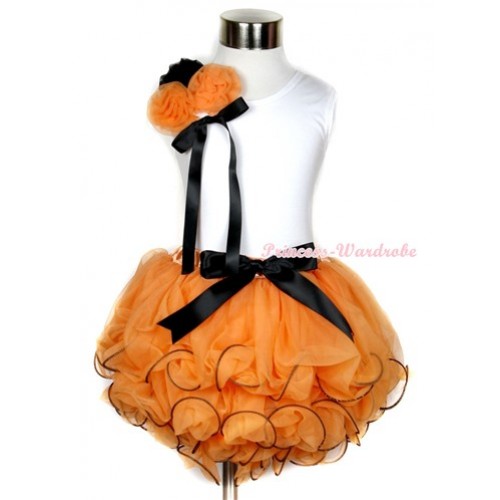 Halloween White Baby Pettitop with Bunch of One Black Two Orange Rosettes & Black Bow with Black Bow Orange Petal Newborn Pettiskirt NG1234 